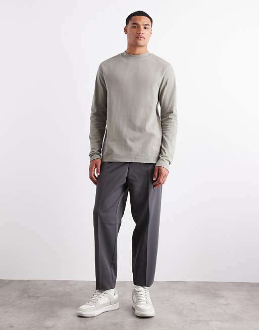 DESIGN Heavyweight 240gsm Long Sleeved T-shirt With Print Detail In Khaki