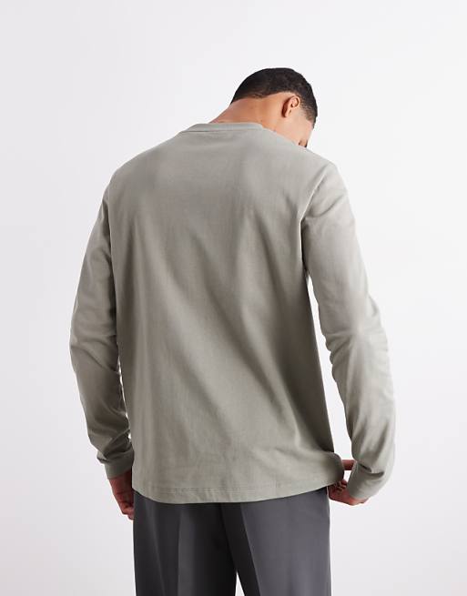 DESIGN Heavyweight 240gsm Long Sleeved T-shirt With Print Detail In Khaki