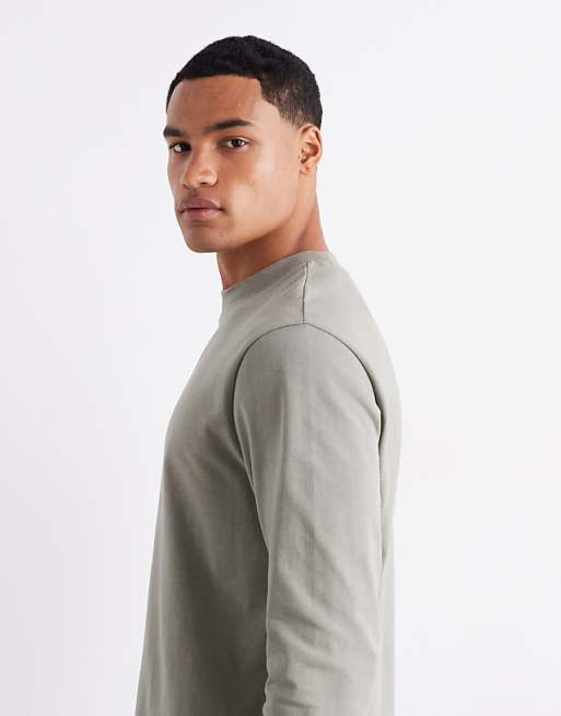 DESIGN Heavyweight 240gsm Long Sleeved T-shirt With Print Detail In Khaki