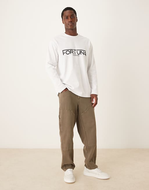 DESIGN Heavyweight 240gsm Long Sleeved T-shirt With Sports Print In White