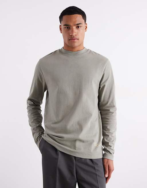 DESIGN heavyweight 240gsm long sleeved t-shirt with print detail in khaki