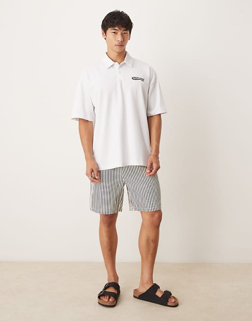 DESIGN Heavyweight 240gsm Polo Shirt With Print Detail In White