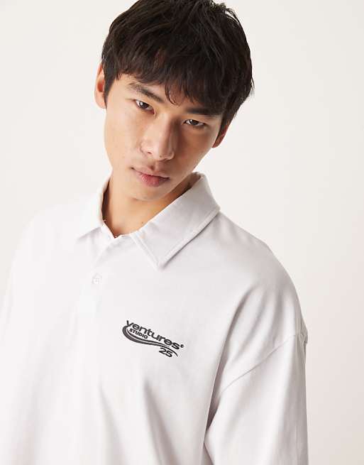 DESIGN Heavyweight 240gsm Polo Shirt With Print Detail In White