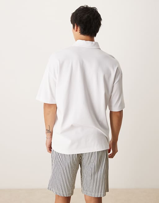 DESIGN Heavyweight 240gsm Polo Shirt With Print Detail In White