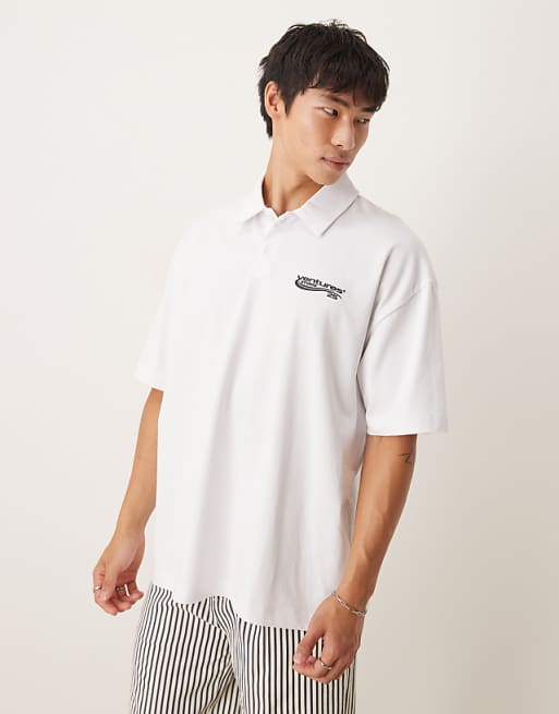 DESIGN heavyweight 240gsm polo shirt with print detail in white