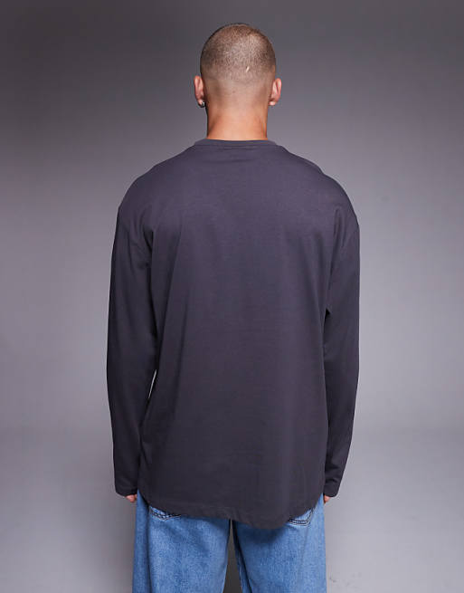 DESIGN Heavyweight 240gsm Relaxed Fit Long Sleeved T-shirt With Chest Print In Charcoal