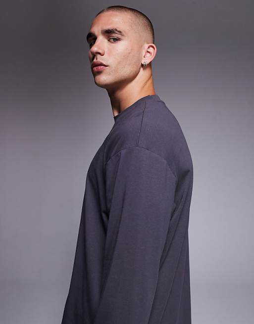 DESIGN Heavyweight 240gsm Relaxed Fit Long Sleeved T-shirt With Chest Print In Charcoal