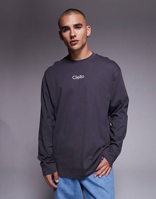 DESIGN heavyweight 240gsm relaxed fit long sleeved t-shirt with chest print in charcoal