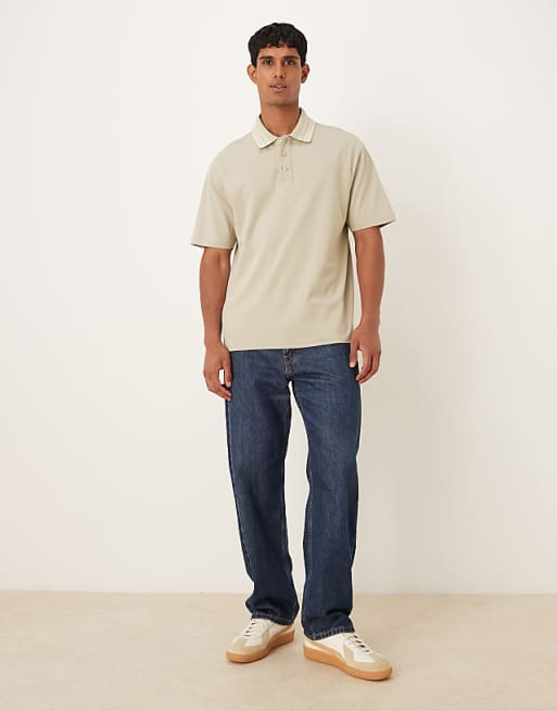 DESIGN Heavyweight 240gsm Relaxed Fit Polo Shirt With Tipping Detail In Khaki