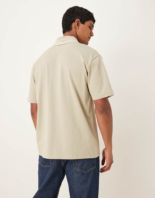 DESIGN Heavyweight 240gsm Relaxed Fit Polo Shirt With Tipping Detail In Khaki