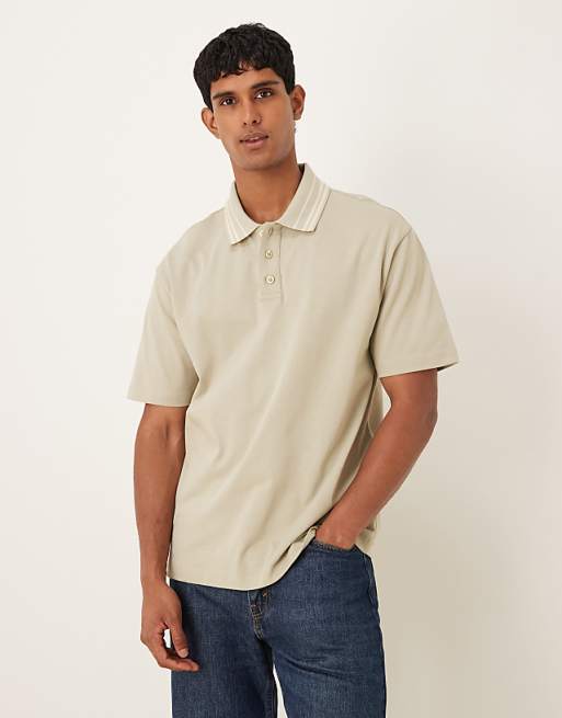DESIGN heavyweight 240gsm relaxed fit polo shirt with tipping detail in khaki