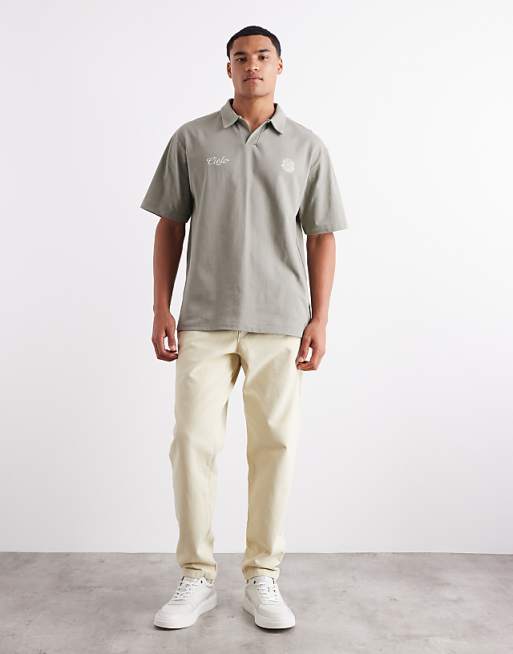 DESIGN Heavyweight 240gsm Relaxed Fit Polo With Chest Print In Khaki