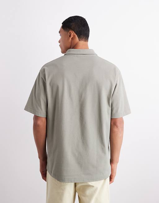 DESIGN Heavyweight 240gsm Relaxed Fit Polo With Chest Print In Khaki
