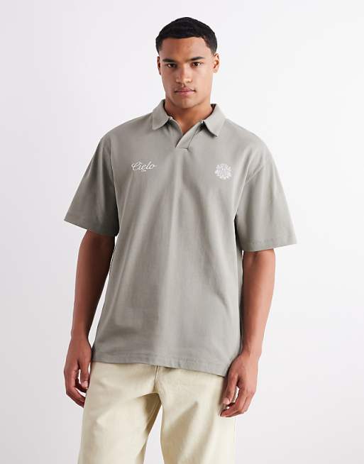 DESIGN heavyweight 240gsm relaxed fit polo with chest print in khaki
