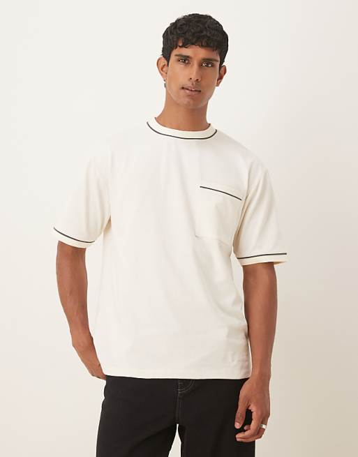 DESIGN heavyweight 240gsm relaxed fit t-shirt with piping detail in ecru