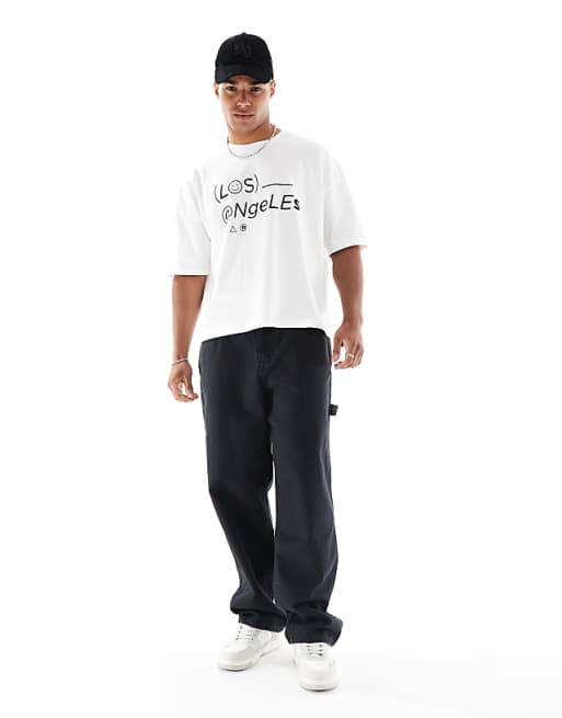 DESIGN Heavyweight Boxy Dropped Shoulder Oversized T-shirt With City Print In White