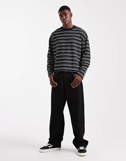 DESIGN Heavyweight Boxy Long Sleeve T-shirt In Black Texture Stripe