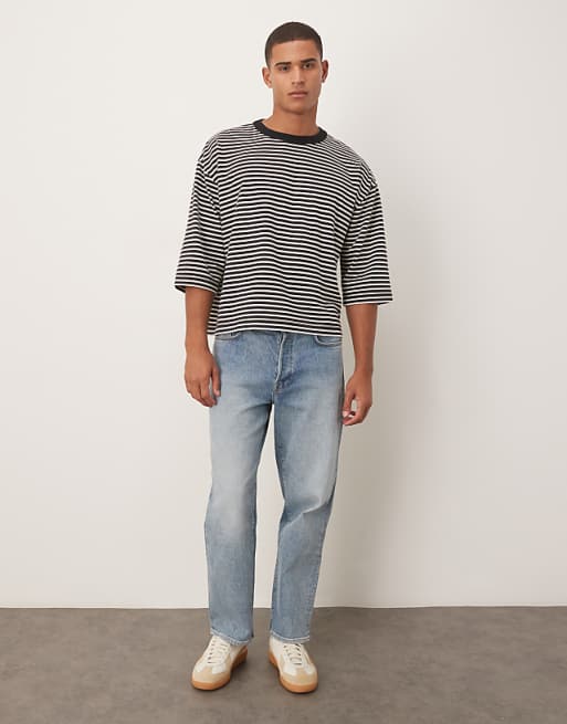 DESIGN Heavyweight Boxy Oversized Half Sleeve T-shirt In Black And White Stripe