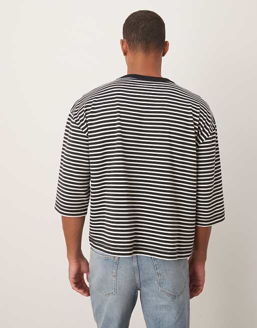 DESIGN Heavyweight Boxy Oversized Half Sleeve T-shirt In Black And White Stripe