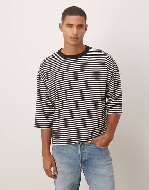 DESIGN heavyweight boxy oversized half sleeve t-shirt in black and white stripe