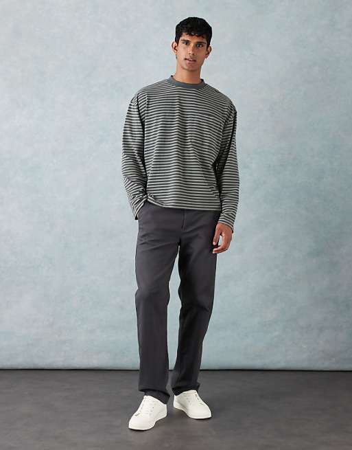 DESIGN Heavyweight Boxy Oversized Long Sleeve T-shirt With Pocket Detail In Green Thin Stripe
