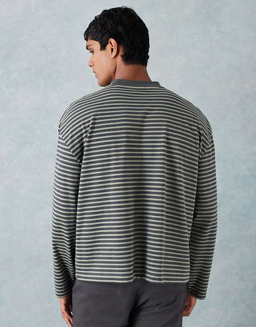 DESIGN Heavyweight Boxy Oversized Long Sleeve T-shirt With Pocket Detail In Green Thin Stripe