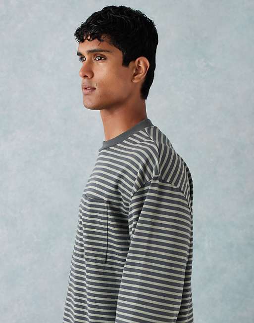 DESIGN Heavyweight Boxy Oversized Long Sleeve T-shirt With Pocket Detail In Green Thin Stripe