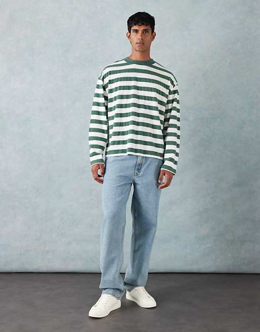 DESIGN Heavyweight Boxy Oversized Long Sleeve T-shirt In Green Stripe