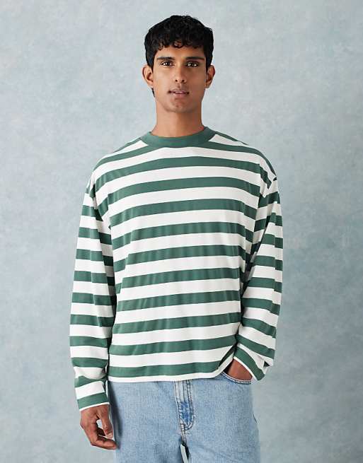 DESIGN heavyweight boxy oversized long sleeve t-shirt in green stripe