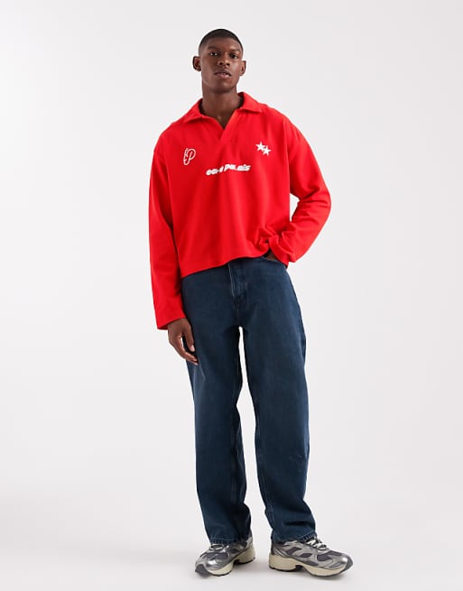 DESIGN Heavyweight Boxy Oversized Long Sleeve Polo With Dropped Shoulder And Sports Graphic In Red Pique