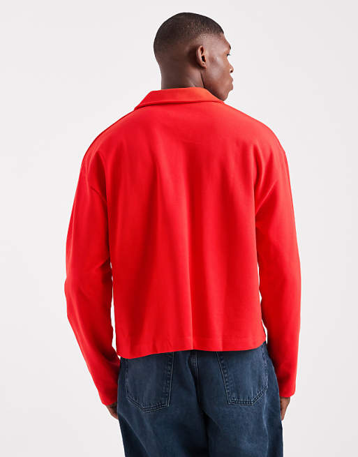DESIGN Heavyweight Boxy Oversized Long Sleeve Polo With Dropped Shoulder And Sports Graphic In Red Pique