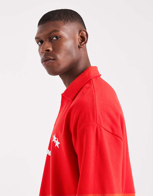 DESIGN Heavyweight Boxy Oversized Long Sleeve Polo With Dropped Shoulder And Sports Graphic In Red Pique