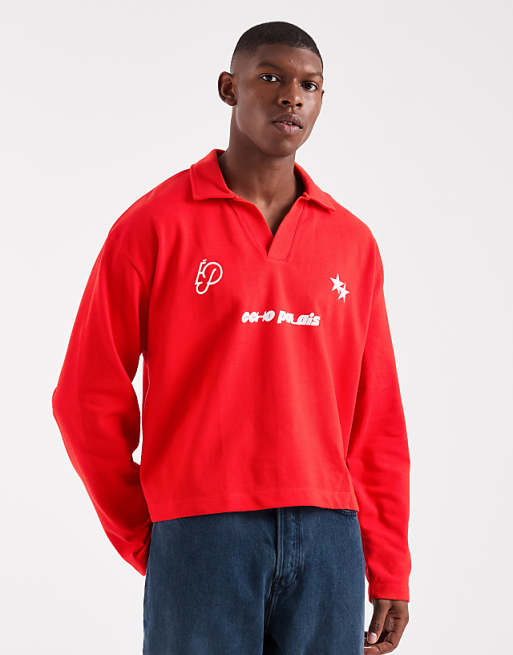 DESIGN heavyweight boxy oversized long sleeve polo with dropped shoulder and sports graphic in red pique