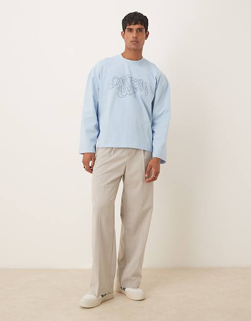 DESIGN Heavyweight Boxy Oversized Long Sleeve T-shirt With Dropped Shoulder And Embroidered Text In Blue
