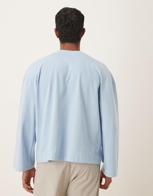 DESIGN Heavyweight Boxy Oversized Long Sleeve T-shirt With Dropped Shoulder And Embroidered Text In Blue