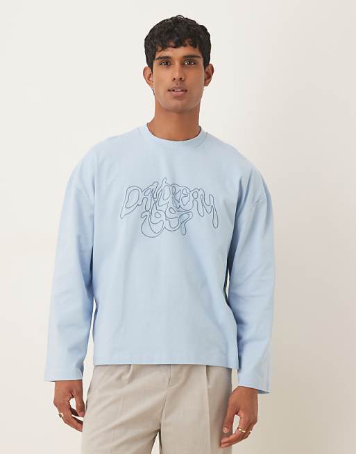 DESIGN heavyweight boxy oversized long sleeve t-shirt with dropped shoulder and embroidered text in blue