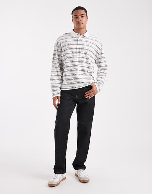 DESIGN Heavyweight Boxy Oversized Long Sleeve Polo In Neutral Textured Stripe