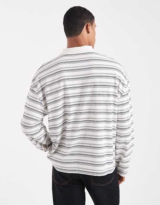 DESIGN Heavyweight Boxy Oversized Long Sleeve Polo In Neutral Textured Stripe