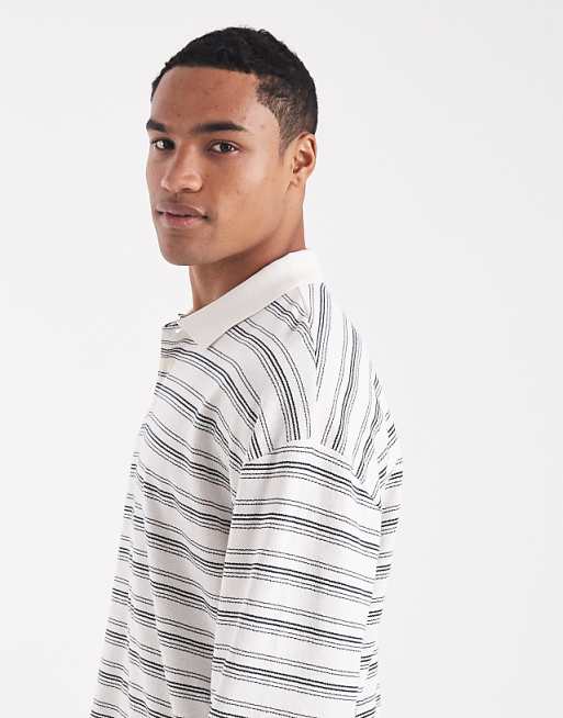 DESIGN Heavyweight Boxy Oversized Long Sleeve Polo In Neutral Textured Stripe