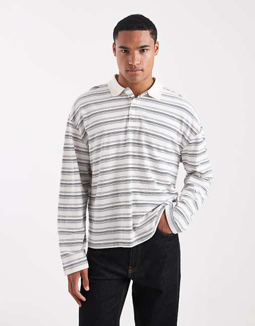 DESIGN heavyweight boxy oversized long sleeve polo in neutral textured stripe