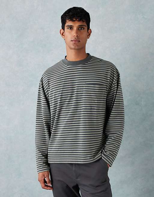 DESIGN heavyweight boxy oversized long sleeve t-shirt with pocket detail in green thin stripe