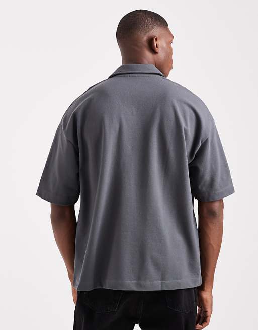 DESIGN Heavyweight Boxy Oversized Polo With Dropped Shoulder With Chest Logo Embroidery In Charcoal Pique