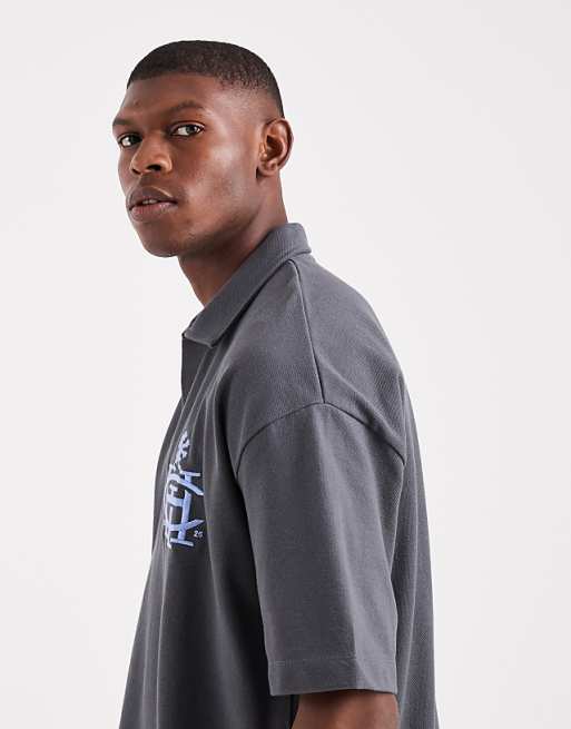 DESIGN Heavyweight Boxy Oversized Polo With Dropped Shoulder With Chest Logo Embroidery In Charcoal Pique