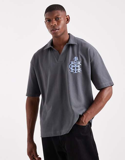 DESIGN heavyweight boxy oversized polo with dropped shoulder with chest logo embroidery in charcoal pique