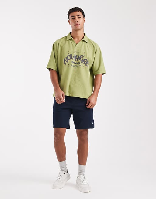 DESIGN Heavyweight Boxy Oversized Polo With Text Graphic In Green Texture