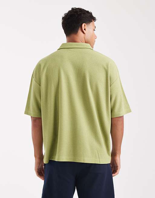 DESIGN Heavyweight Boxy Oversized Polo With Text Graphic In Green Texture