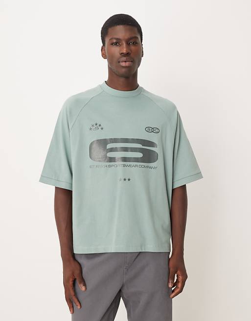 DESIGN heavyweight boxy oversized raglan t-shirt with glossy sports graphic in green
