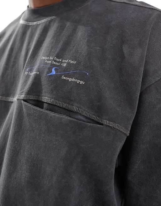 DESIGN Heavyweight Boxy Oversized T-shirt In Washed Black With Pocket And Sports Graphic