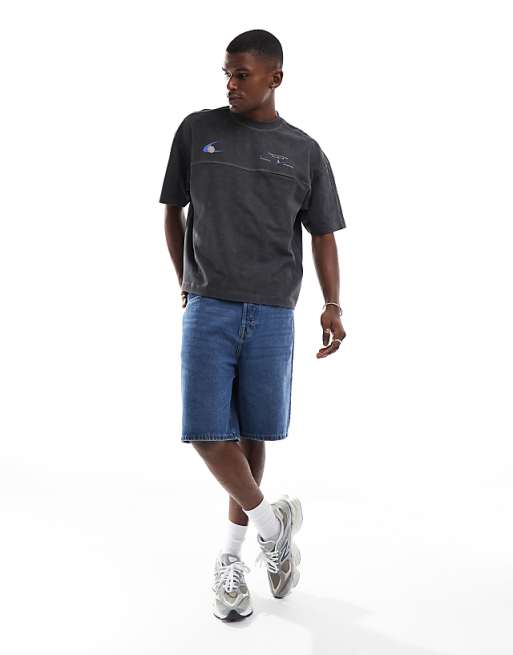 DESIGN Heavyweight Boxy Oversized T-shirt In Washed Black With Pocket And Sports Graphic