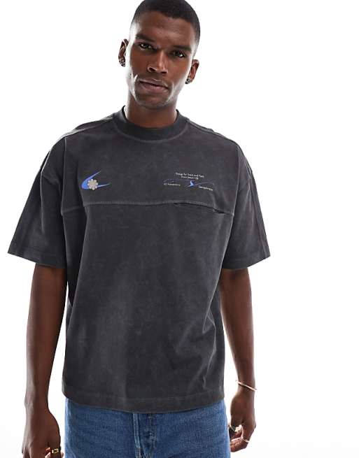 DESIGN heavyweight boxy oversized t-shirt in washed black with pocket and sports graphic